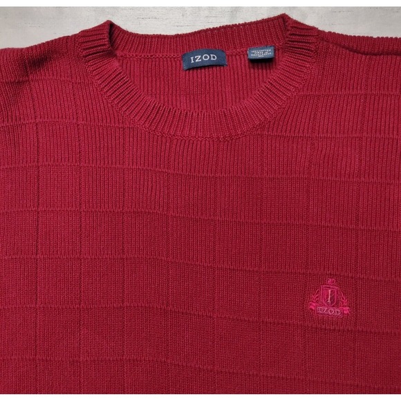 IZOD Men Size XL Red Crest Logo Cotton Pullover Windowpane Sweater EUC - Picture 3 of 16